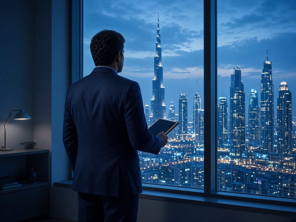Principal reviewing priorities against the Dubai skyline at dusk