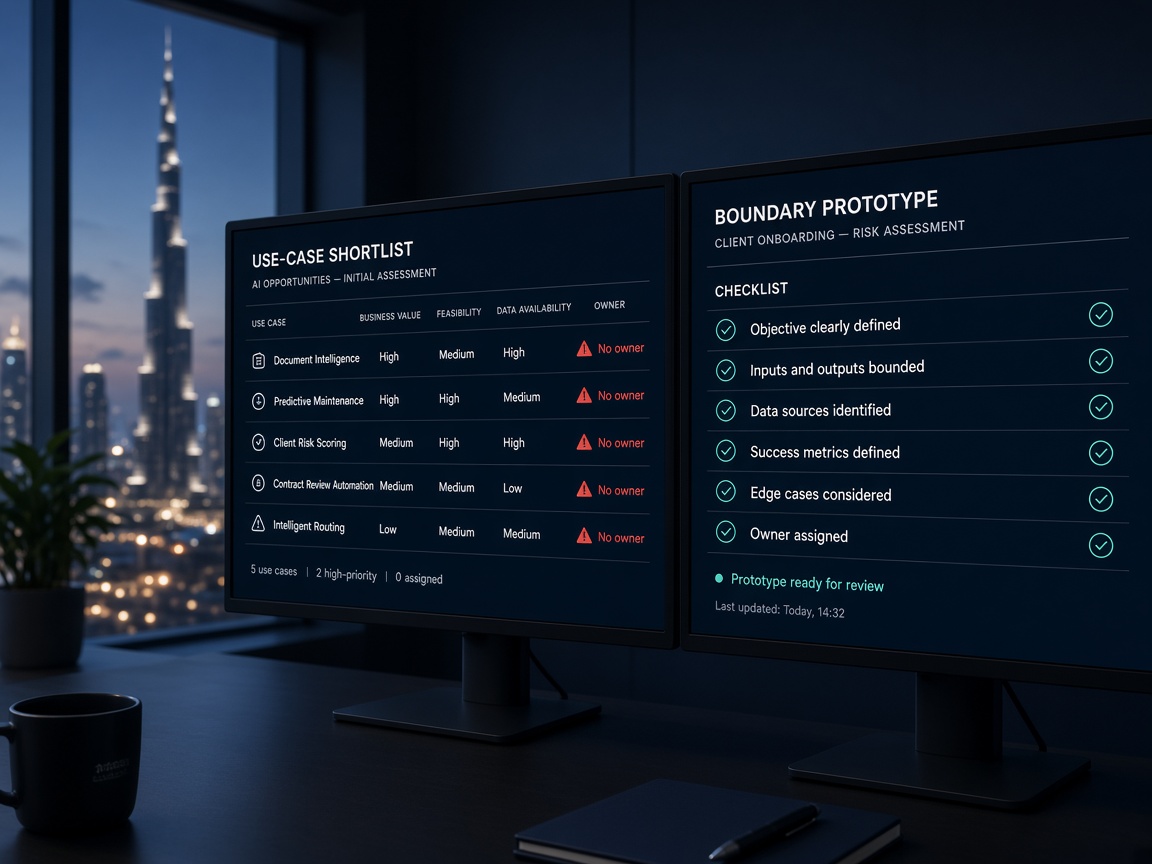 AI use-case shortlist and bounded prototype checklist on dual monitors