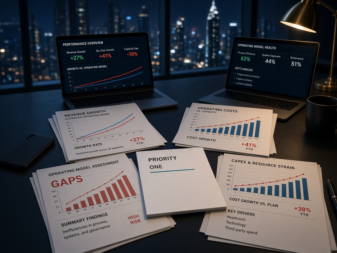 Executive desk with fragmented reports and dashboards — the moment clients call for clarity