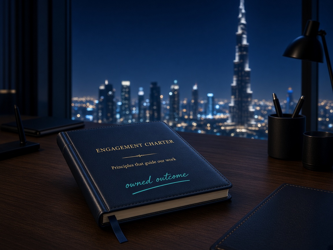 Engagement charter defining an owned outcome against the Dubai skyline